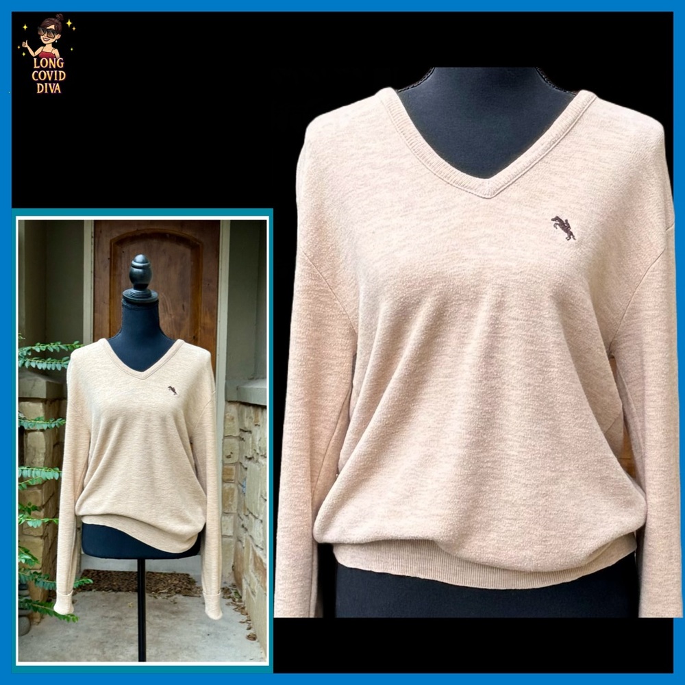🤎Vintage, Unisex, Lightweight, Tan V-Neck Pullover, Sweater/Medium - Picture 2 of 7